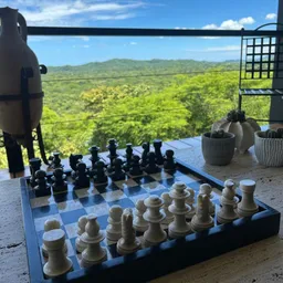 A chessboard sits on a terrace overlooking green wooded hills.